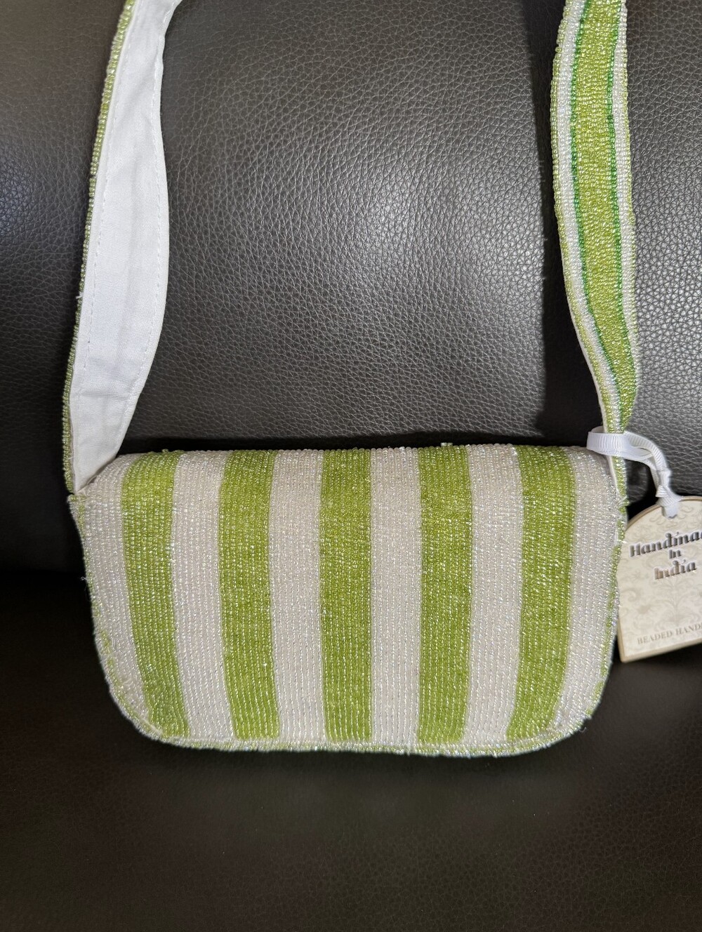 Handmade Green & White Striped Beaded Crossbody with Yellow Tulip - Picture 5 of 9